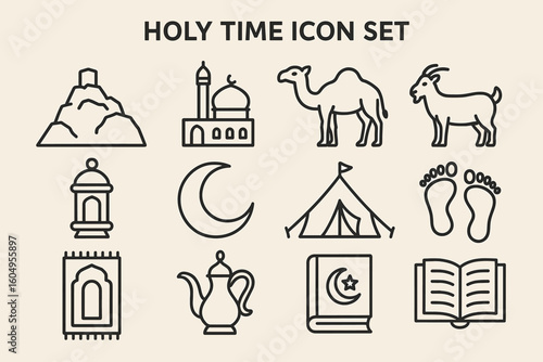 Holy time icon set: mosque, camel, goat, lantern, crescent, tent, prayer, quran