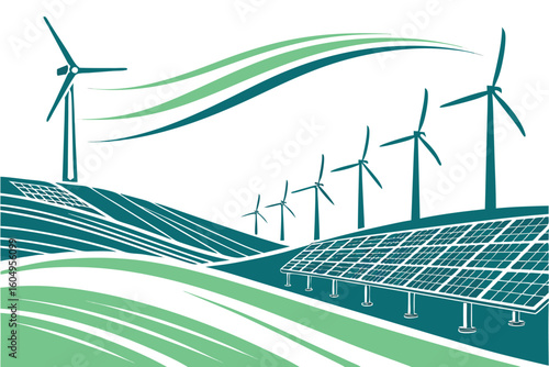 Illustration of wind turbines and solar panels in a green and teal landscape with wavy lines