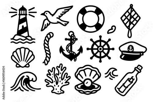 Set of nautical icons including lighthouse, anchor, shell, and life buoy