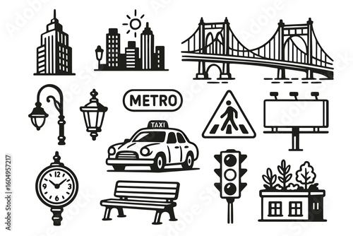 Urban cityscape elements: buildings, bridge, taxi, metro, traffic, park bench icons