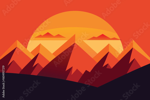 Geometric Mountain Sunset Vector Illustration: Abstract Landscape Art Print Design