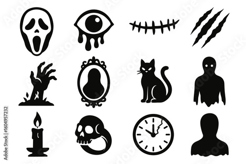 Spooky halloween icons collection: ghost, cat, skull, candle, eye, hand, clock