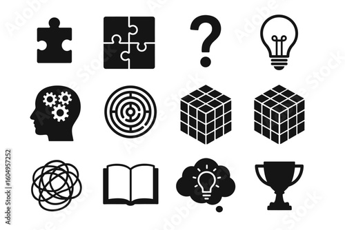 Puzzle icons set featuring brain teaser elements, lightbulb, book, trophy, and more