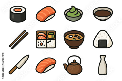 Icon set of japanese cuisine: sushi, miso soup, tea, and more