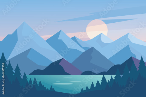 Minimalist Mountain Landscape Vector Art: Lake, Pine Trees, Sunrise Scenery Wallpaper