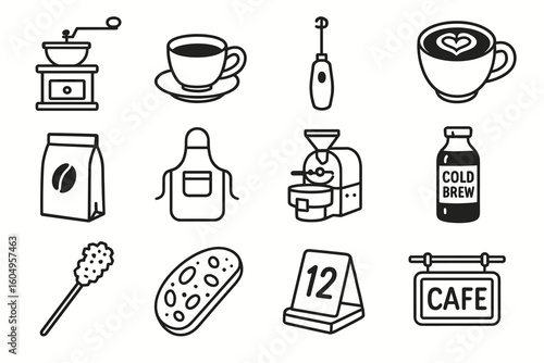 Coffee icons set including grinder, cups, coffee bag, and cafe sign