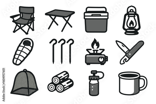 Essential camping gear icons featuring chair, table, lantern, sleeping bag, and more