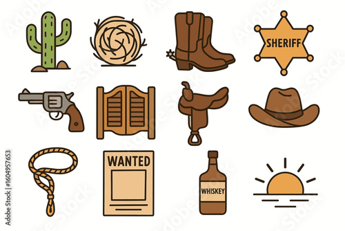 Wild west icons: cowboy hat, sheriff badge, revolver, cactus, saddle, whiskey