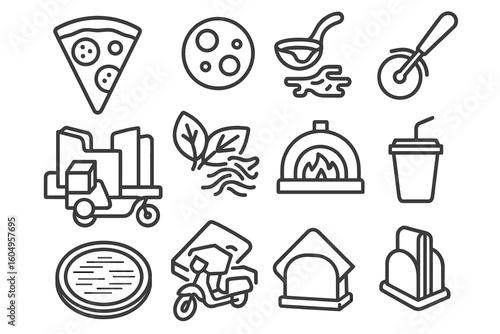 Simple line icons set including pizza, soup, beverage, and transportation symbols