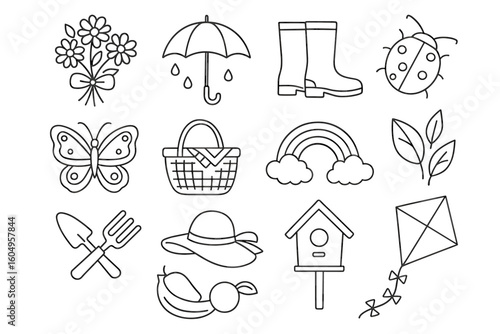 Spring icons collection: umbrella, flowers, gardening tools, butterfly, kite, rainbow