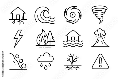 Natural disaster icons: earthquake, floods, tornadoes, fire, volcano, and more