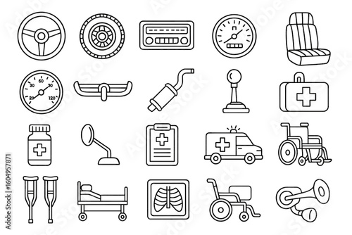 Outline icons of car parts and medical equipment essential for safety and health