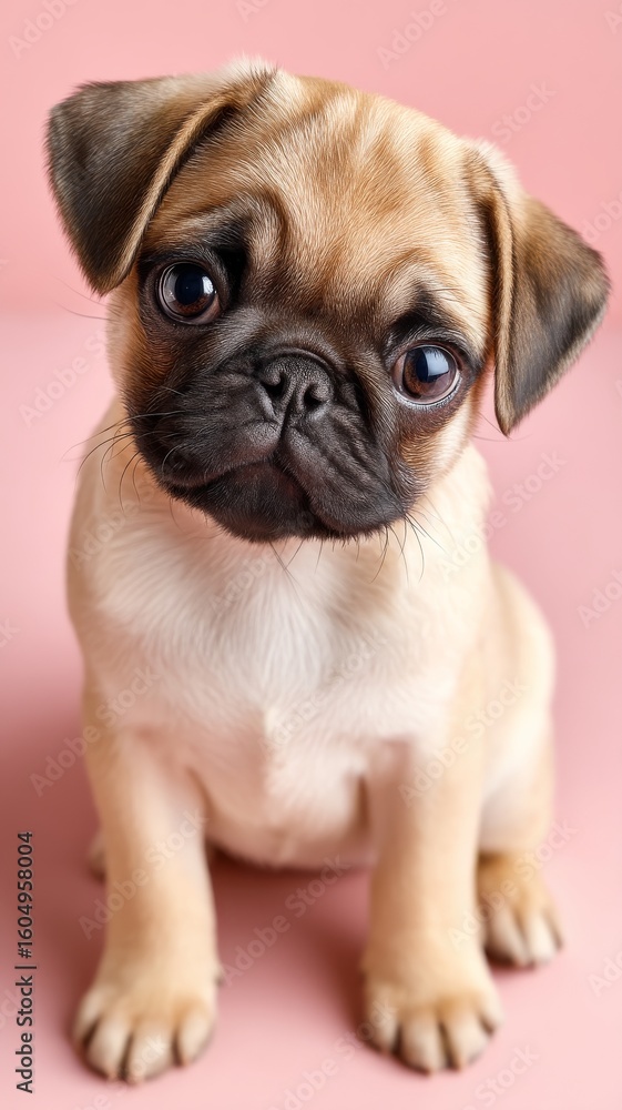 Fototapeta premium Small Pug Puppy with Curious Expression Sitting Against Soft Pink Background