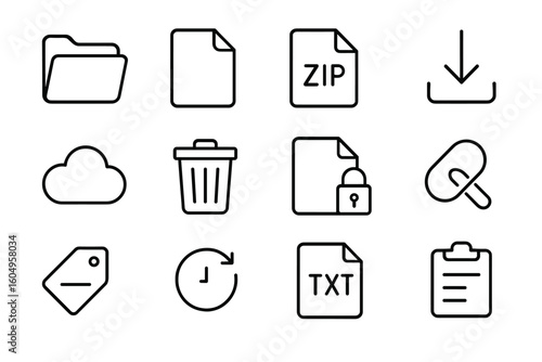 File management icons: folder, document, zip, download, cloud, trash, security, tag, time