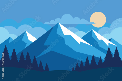 Blue Mountain Landscape Vector Illustration: Minimalist Geometric Peaks, Forest, and Sun