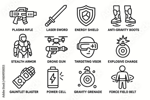Futuristic gear: plasma rifle, laser sword, energy shield, anti-gravity boots, stealth armor