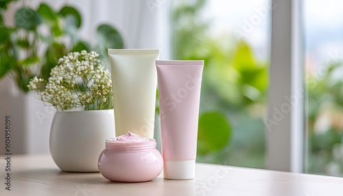 Cosmetic beauty product mockup with a white tube and jar, cream or serum on a window table, and a plant in a pot near the windowsill. Close-up view of a cosmetic skin care set for a natural, organic 
