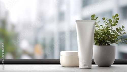 Cosmetic beauty product mockup with a white tube and jar, cream or serum on a window table, and a plant in a pot near the windowsill. Close-up view of a cosmetic skin care set for a natural, organic 