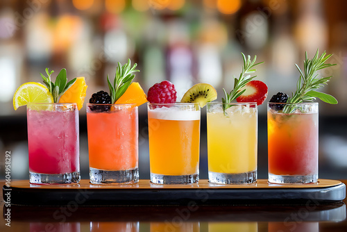 Colorful Cocktail Flight with Five Drinks on Paddle Board