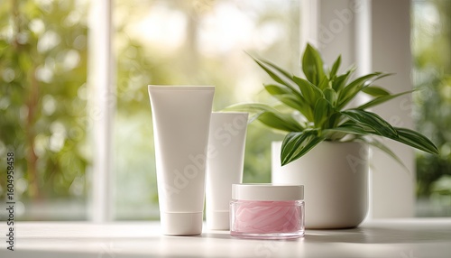 Cosmetic beauty product mockup with a white tube and jar, cream or serum on a window table, and a plant in a pot near the windowsill. Close-up view of a cosmetic skin care set for a natural, organic 