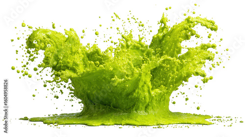 Dynamic splash of vibrant green juice on a dark background, refreshing visual spectacle