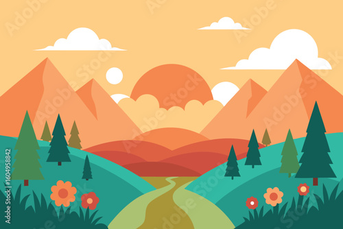 Scenic vector illustration of a mountain range with a pine forest at sunset.
