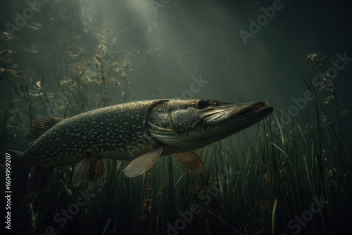 Pike fish submerged in murky water (1)