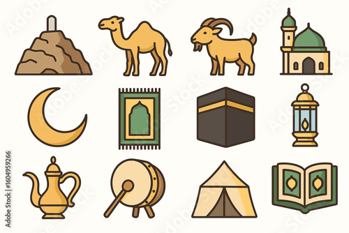 Colorful icons of islamic culture: mosque, crescent, camel, kaaba, lantern, compass