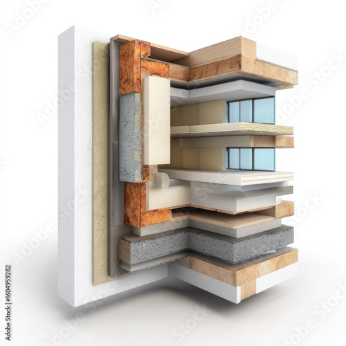 3D cutaway view of a multi-story building's layered construction