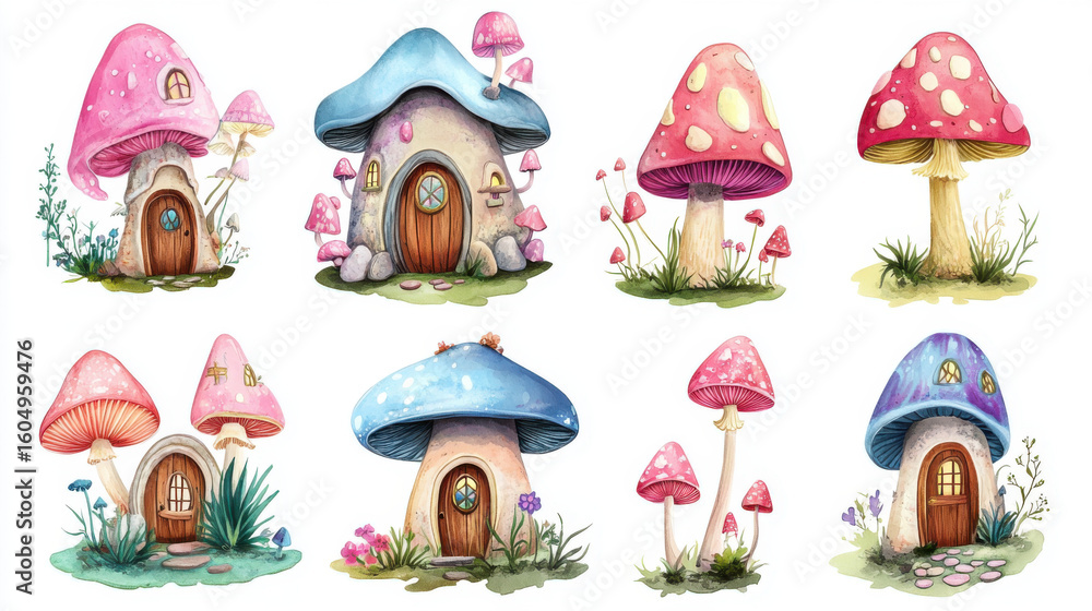 Fototapeta premium Whimsical Watercolor Mushroom Houses. Fairytale Cottage Collection, Charming Fantasy Homes, Enchanting Illustrations.