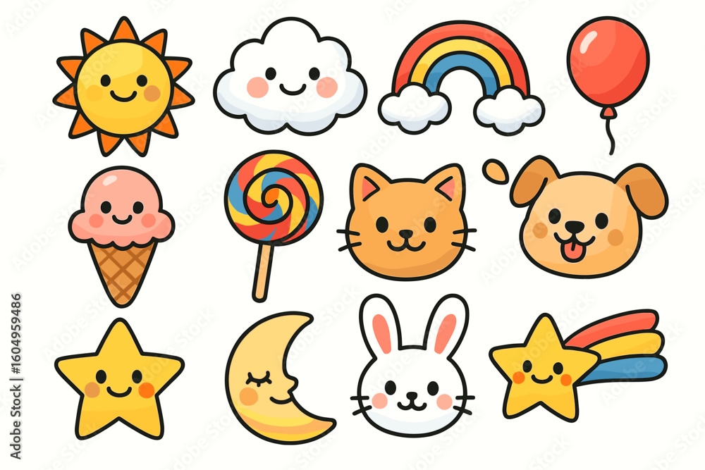 Naklejka premium Cute cartoon icons: sun, cloud, rainbow, balloon, ice cream, lollipop, cat, dog, star, moon, bunny, shooting star