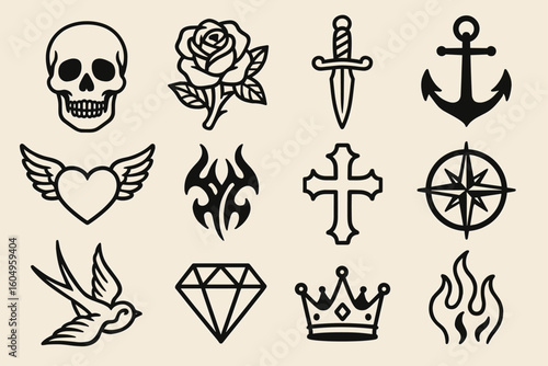 Vintage tattoo designs collection with skull, rose, anchor, and more icons