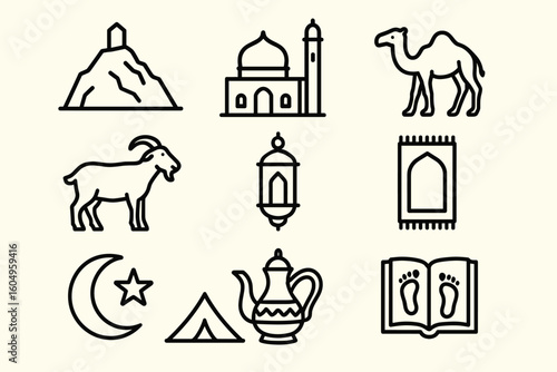 Middle eastern icon set: mosque, camel, goat, lantern, carpet, crescent, tent, teapot, quran