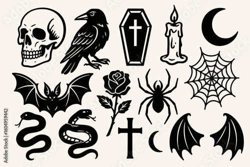 Halloween icons: skull, raven, coffin, candle, spider, bat, snake, rose, cross, web