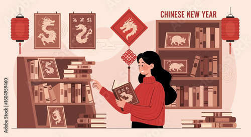 Celebrating Chinese New Year With Books And Decorations At Home Illustration