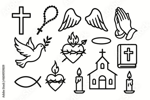 Christian symbols collection: cross, dove, heart, bible, church, candle, wings, rosary
