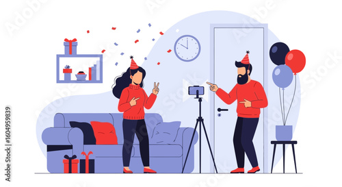 Celebrating Virtual Birthday Two People Livestreaming From Home Party Scene