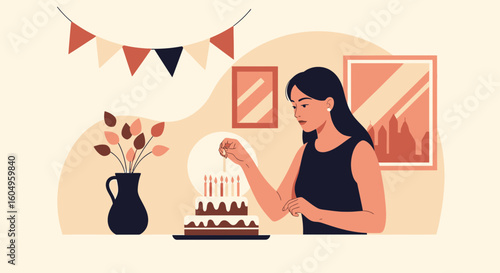 Celebration Moment Young Woman Igniting Candles On Birthday Cake Happiness