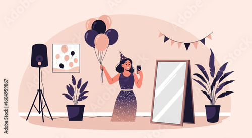 Celebratory Selfie Woman With Balloons Celebrates An Important Event At Home