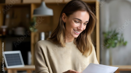 Smiling homeowner checking lower electricity bill with solar panel 