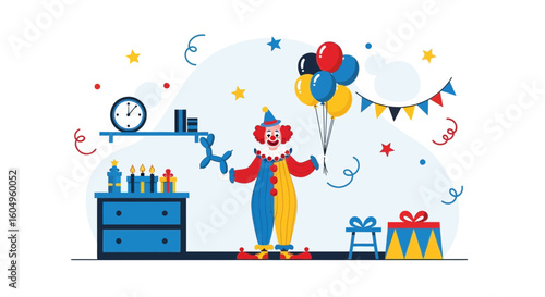 Cheerful Clown Entertaining At Birthday Party Celebration With Presents