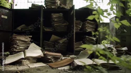 Abandoned Archives.  Dusty stacks of papers and files litter the floor of a derelict building