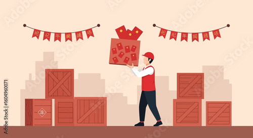 Cheerful Delivery Man Carrying a Box during Lunar New Year Celebrations