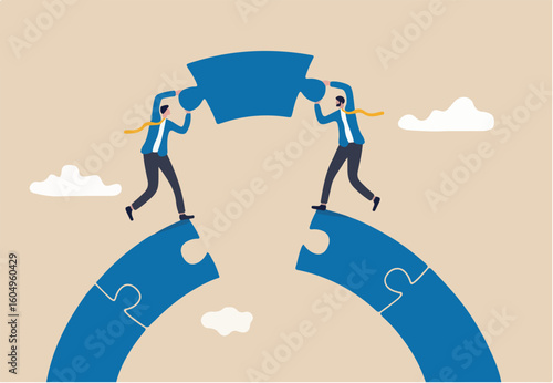 Business teamwork and partnership help to achieve team success, think together to solve business problem, business connection concept, businessmen working team building connect jigsaw puzzle bridge.
