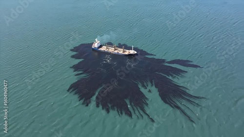 Oil spill disaster unfolding at sea from cargo ship, environmental catastrophe in motion