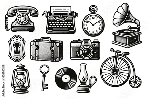 Vintage objects: telephone, typewriter, gramophone, bicycle, and more retro icons