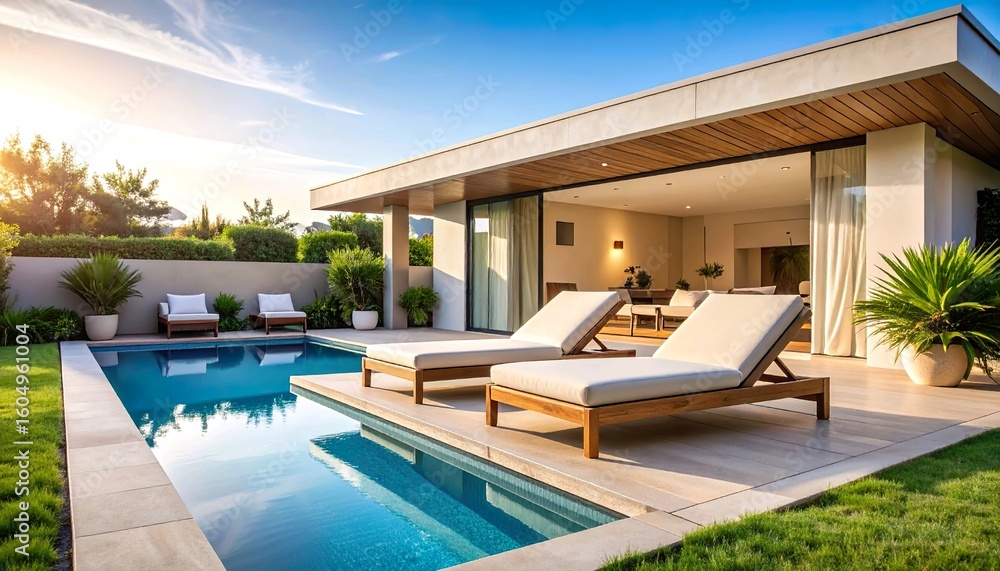 Fototapeta premium Modern Poolside Lounge with Minimal Open Living Space
