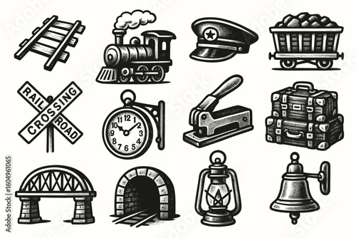Railway symbols collection featuring train, tracks, and vintage accessories