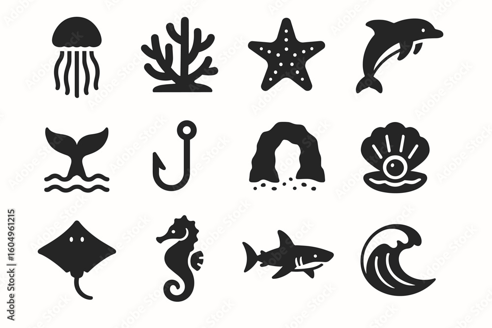 Fototapeta premium Ocean icons set: marine life symbols with dolphin, seahorse, shark, and coral