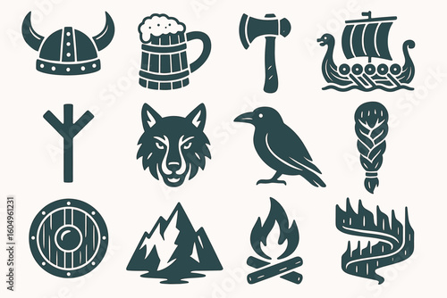 Viking symbols: helmet, mead, axe, ship, runes, wolf, raven, shield, mountains, fire, braid, serpent